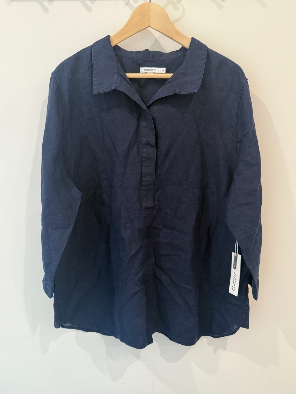 Chico’s 100% Linen Navy Popover Blouse Tunic Relaxed Lightweight Top No Iron NWT